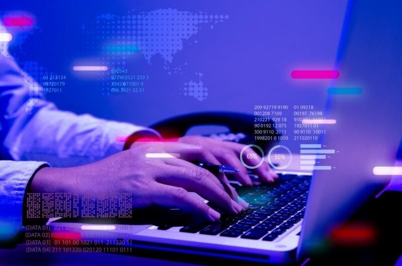 Hands Developer computer-laptop-to-manage-business-marketing-sales-media-chart-data-graph-digital-world-metaverse-background-digital-marketing-data-analysis-technology-business-people